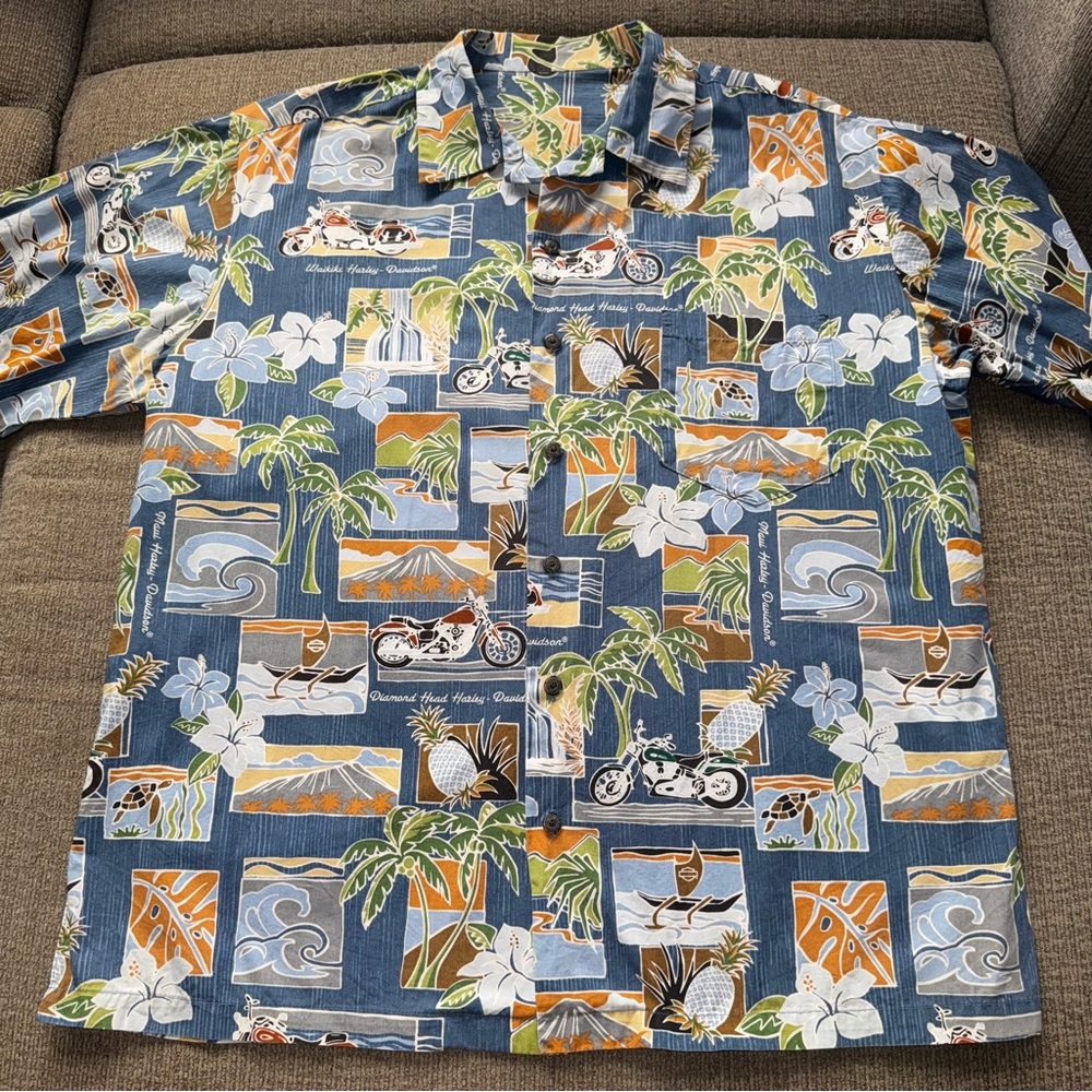 Harley Davidson Hawaiian Shirt Mens Large Motorcycle Biker Button Up Cruise Luau